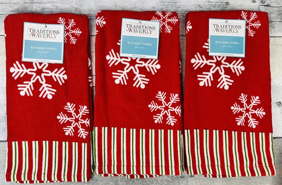 Toallas de cocina vintage Waverly Navidad copos de nieve rojo blanco - Lote de 3 Foto 2 de 4