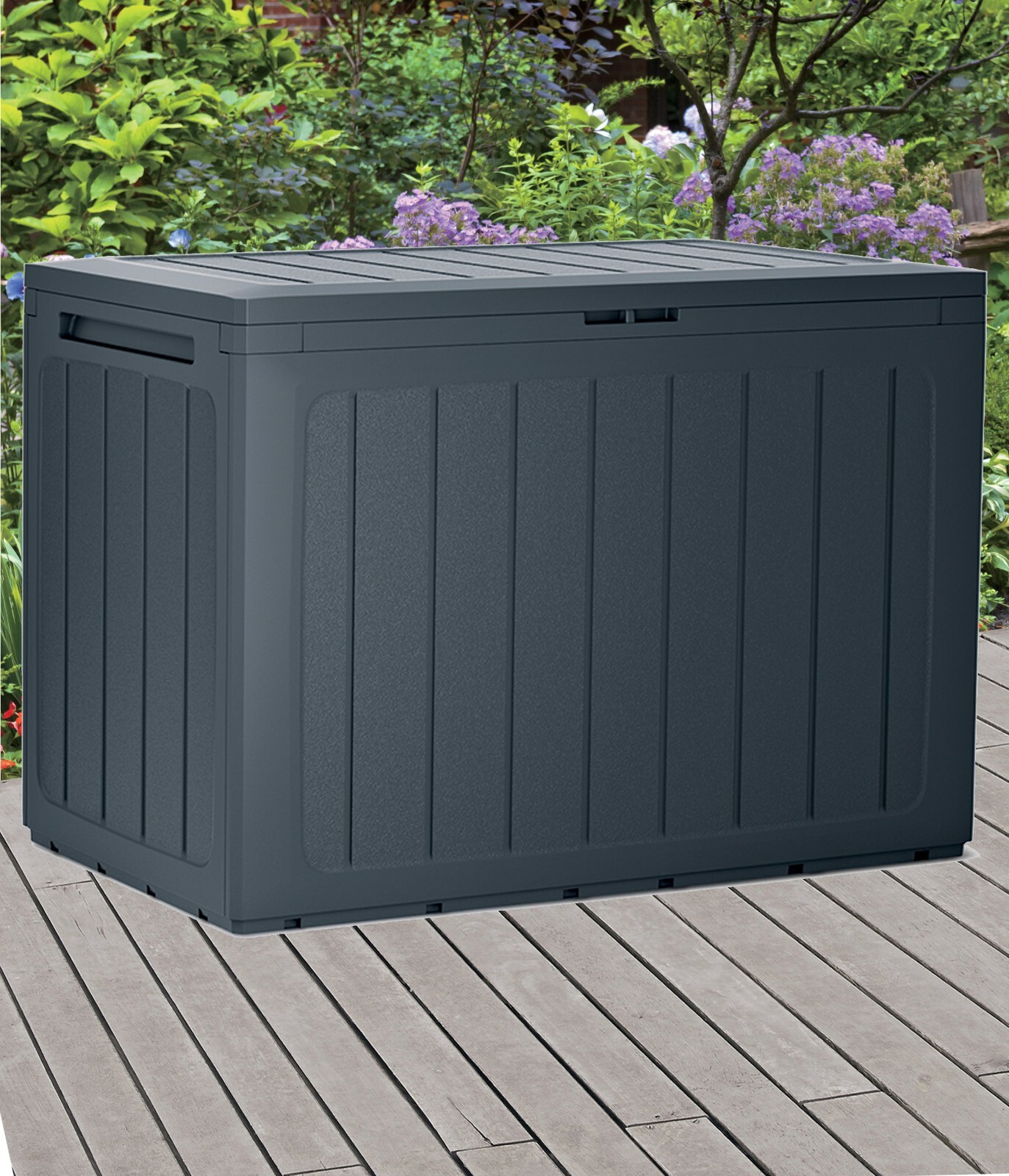 Anthracite 190L Wood Design Outdoor Storage Box Garden Patio Plastic