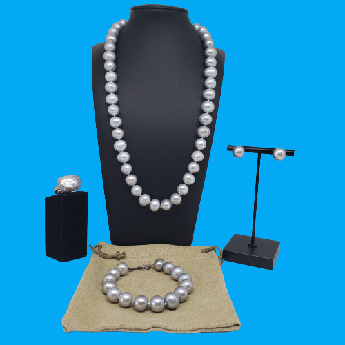 SILVER CWFP Necklace/Bracelet/Earring/BAROQUE Cultured Pearl Zircon Ring SET - Picture 1 of 12