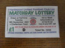 18/09/2001 Matchday Lottery Ticket: Hartlepool United v Cheltenham Town (folded)