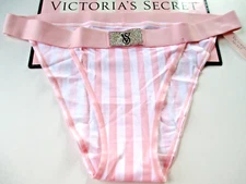 VICTORIA'S SECRET Cotton Tanga String Bikini Panty Pink Stripe Shine Patch M L