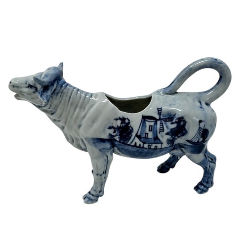 Vintage Delft Type Cow Creamer/Milk Jug Porcelain Windmill Blue White 7”L
