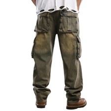 Men Wide Leg Jeans Loose Denim Pant Cargo Pocket Trouser Baggy Hip Hop Retro