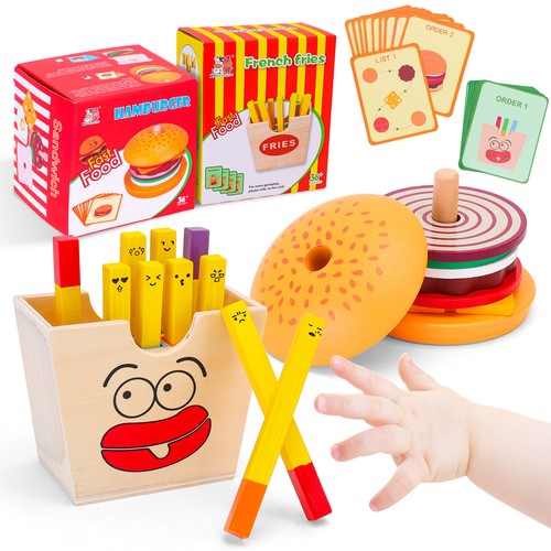 Wooden Burger Stacking Toys Pretend Play Montessori Toys for 2 3 4 5 Year Old US - Picture 2 of 8