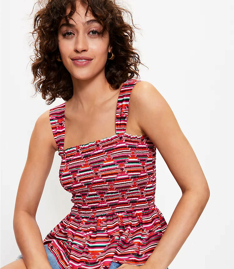 NEW Loft S Tank Top Women's Pink Purple Ikat Smocked Peplum Cami