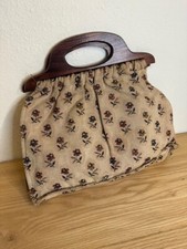 Wooden Handled Fabric purse, floral detail, vintage, 1980s handbag