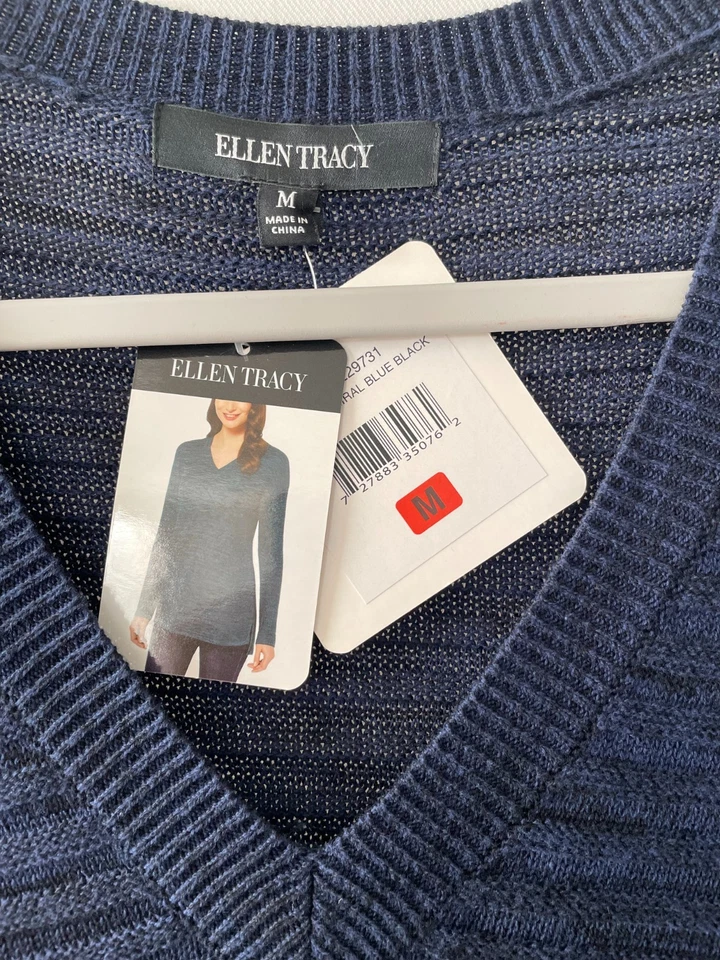 Nuevo con etiquetas Suéter Pullover Ellen Tracy Mujer Admiral Negro Azul Texturizado Mármol Talla M Foto 3 de 4