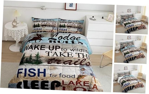 Rustic Lake Cabin Comforter Set Lake House Decor, Camping Lodge Twin Multi 09
