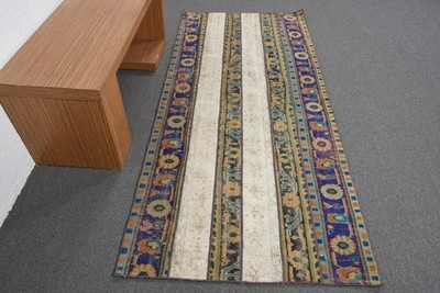 Vintage Turkish Rug, 3,4x7,8 ft Area Rug, Blue Solid Rug