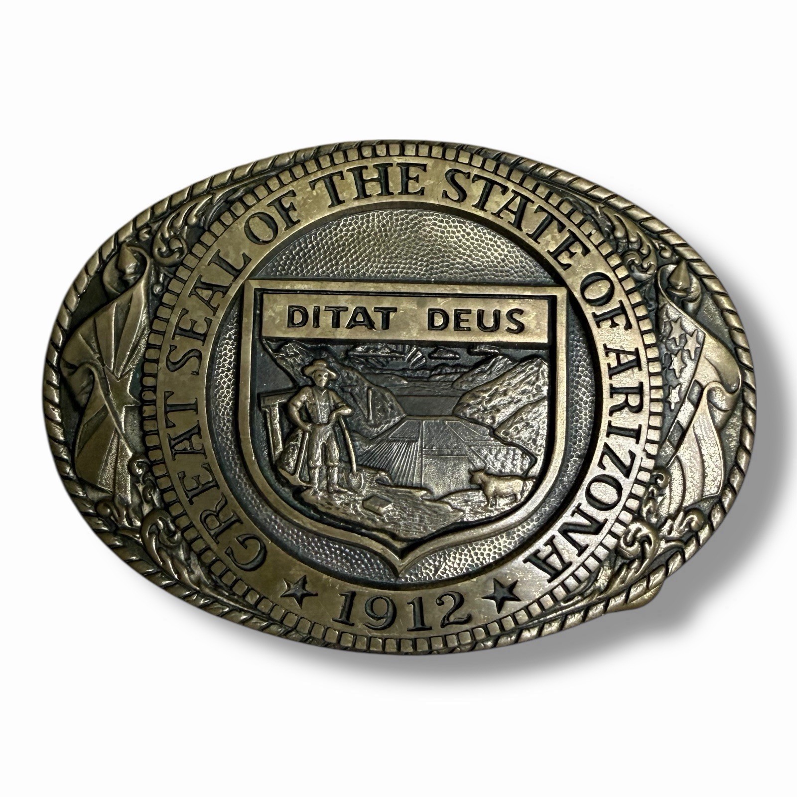 Great Seal of  Arizona 1912 Ditat Deus Brass Tony Lama State Series Belt Buckle