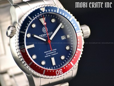 Rare Deep Blue 44mm Men Master 1000 Sapphire Crystal Pepsi Bezel Blue Dial Watch