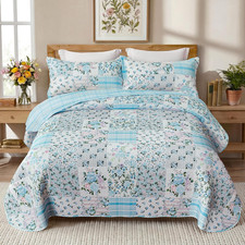 Blue Patchwork King Quilt Floral King Size Quilt 3 Pieces Bedding Set Reversible