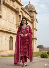 Floral Print Chinon Silk Salwar Kameez Indian Wedding Party Wear Suit Readymade