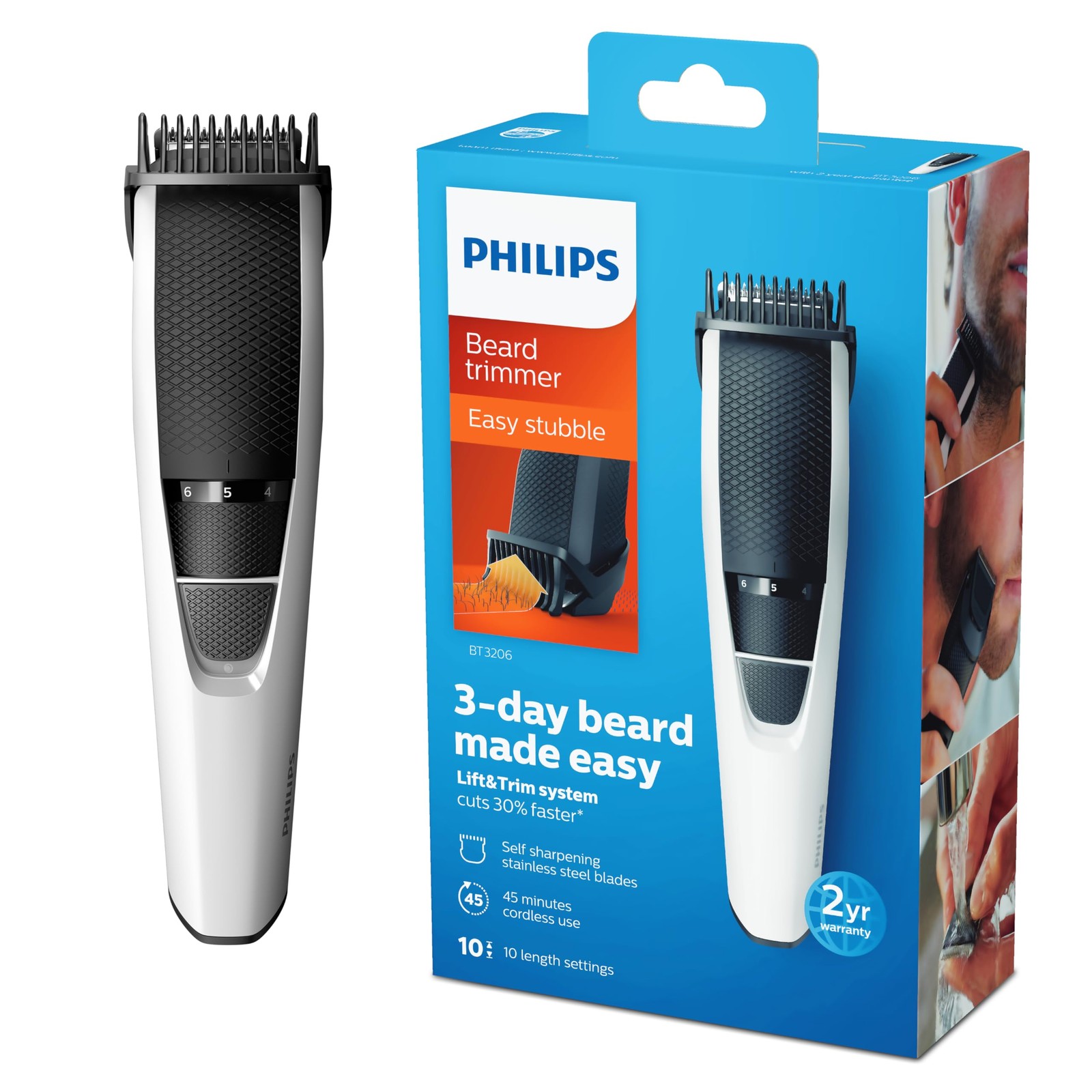 Philips Beard Trimmer Series 3000 with Lift & Trim 3 Piece Set, White/Black