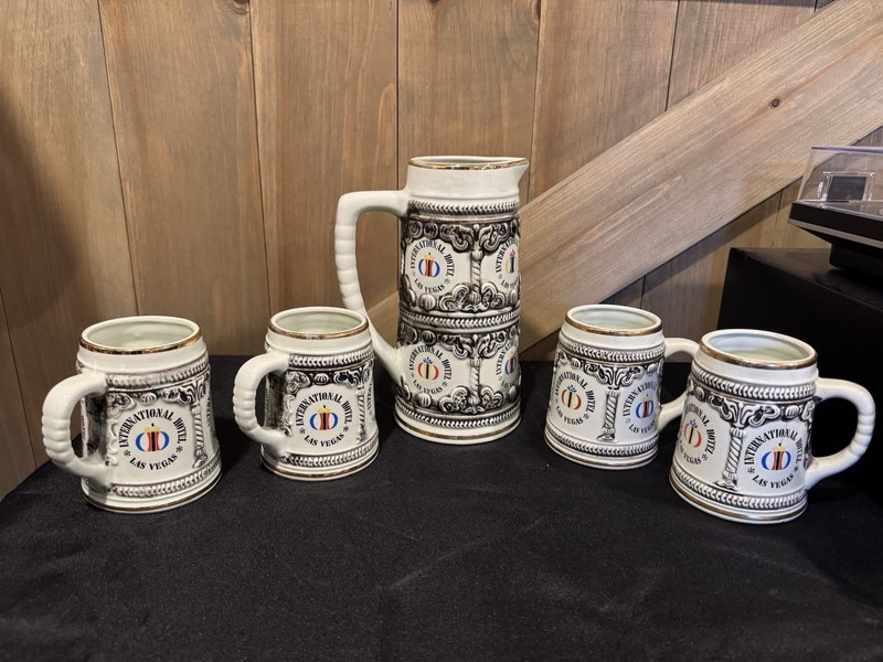 Vintage International Hotel Las Vegas Beer Stein Set Pitcher + 4 Mugs Elvis Era