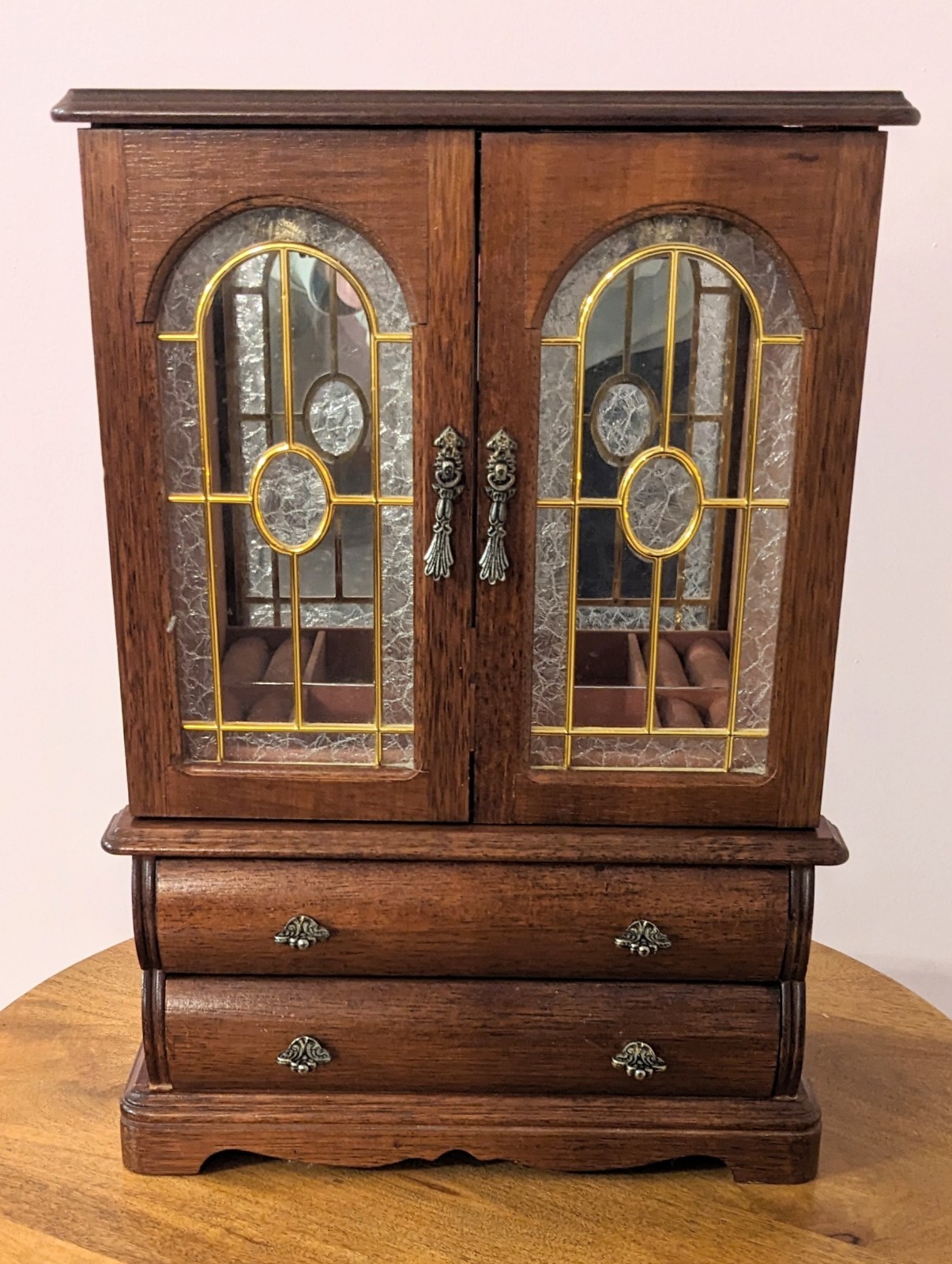 Vintage Wooden Armoire Style Jewelry Box with Decorative Doo