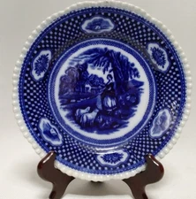 William Adams Old English Rural Scenes Flow Blue Transferware 8 Inch Plate