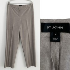 St. John Women Size 10 Gray Metallic Silver Silk Wool Straight Leg Pants Slacks