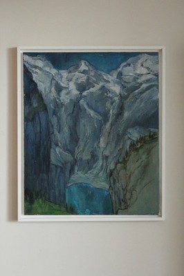 Acryl Gemälde eines Bergtals gerahmt Vintage Rita Smith zugeschrieben
