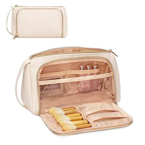 Women's Small Beige Leather Makeup Bag - Compact Cosmetic Organizer-image