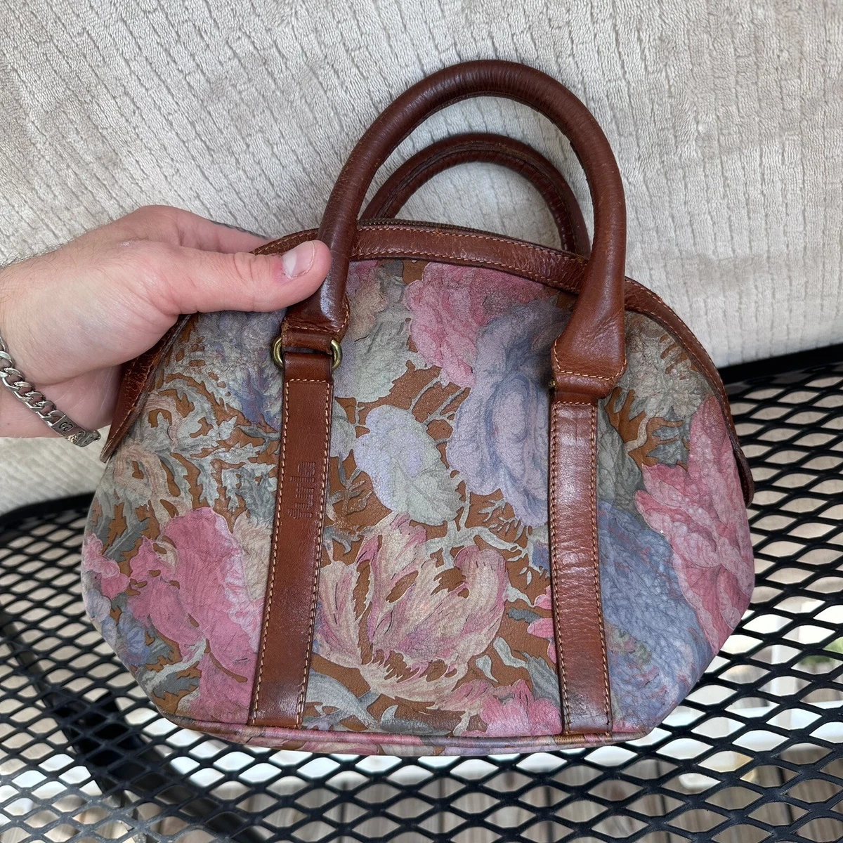 Vintage Furla Floral Leather Handbag Purse Clutch Flower Purse Italy Victorian