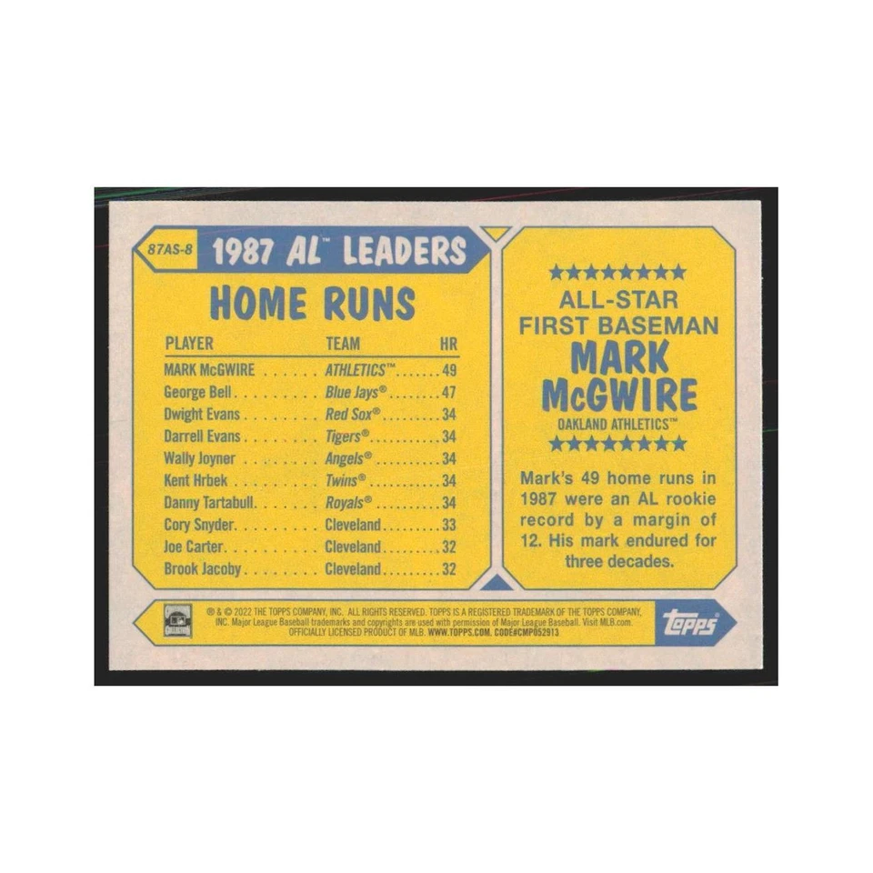 2022 Topps Variations Mark McGwire Athletics #87AS-8 - Image 2 of 3