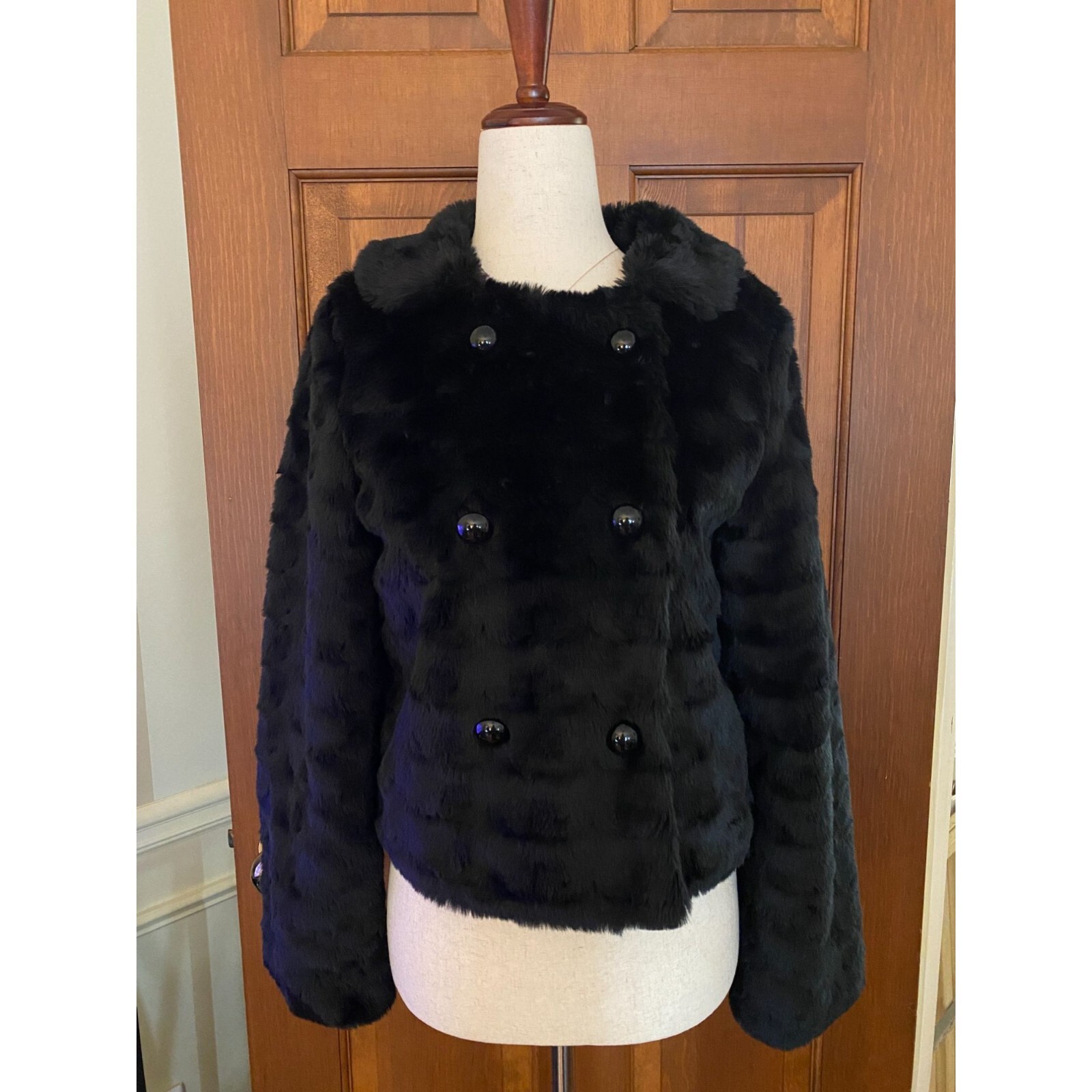 American Eagle Faux Fur Jacket Womens XS Black Double-Breasted Coat Winter