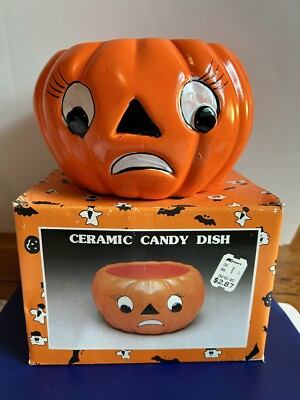 1989 Vintage Kmart Halloween Ceramic Jack O lantern Candy Dish