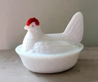 Westmoreland Hen on Nest Red Comb Split Tail White Milk Glass Vintage 1950's