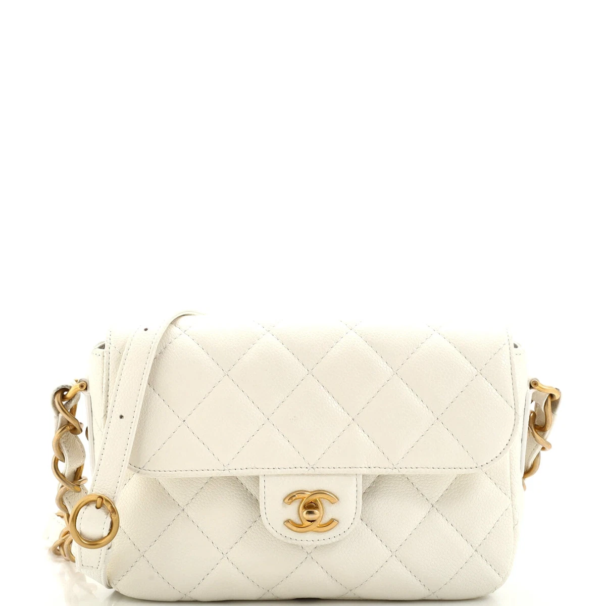 Chanel CC Adjustable Strap Flap Messenger Bag Quilted Caviar Small White