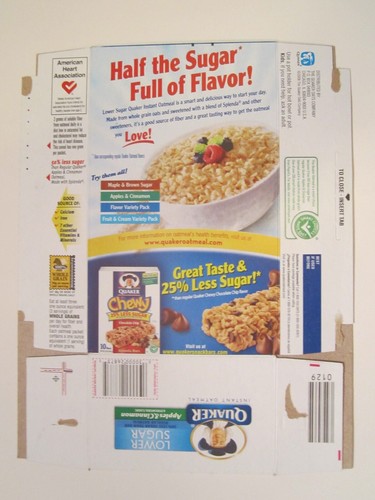 Empty QUAKER Cereal Box 2008 INSTANT OATMEAL Lower Sugar APPLES & CINNAMON Z6B47 - Picture 2 of 2