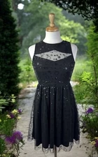 Sourpuss Black Fit Flare Mini Dress Mesh Sequins Goth Fairy Glam Holidays Formal