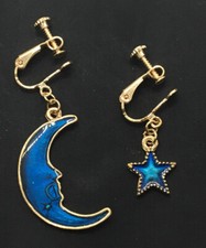 Gold-tone Earring Set Clip-On Non-Pierced Blue Sun Moon Stars New 2655