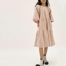 Everlane The Tiered Corduroy Midi Dress Small Tan pockets normcore cottagecore