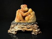 Hand Carved Natural Stone Monkey Peach Figurine Chinese Carving Collectible
