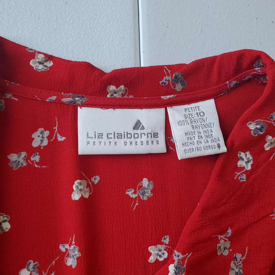 Vtg 90s Liz Claiborne Dress Women 10P Red Floral Button Front Collar Cottagecore - Image 4 of 4