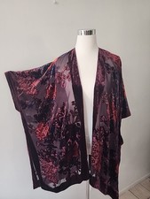 Silk Rayon Burnout Velvet Fringe Kimono Jacket Black Os Boho Vtg Y2k Aris