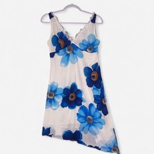 Women's White and Blue Daisy Summer Asymmetrical Dress S