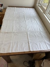 Vintage Antique White Embroidered Table Cloth 64 X 46