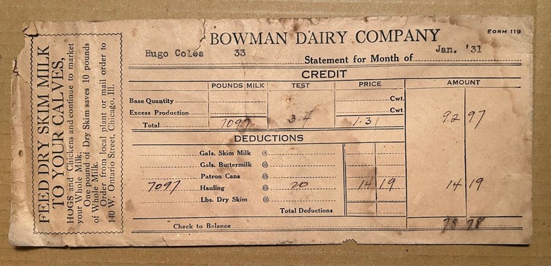 BOWMAN DAIRY Co. Envelope Statement. 1931. Depression Era Wisconsin Farm.