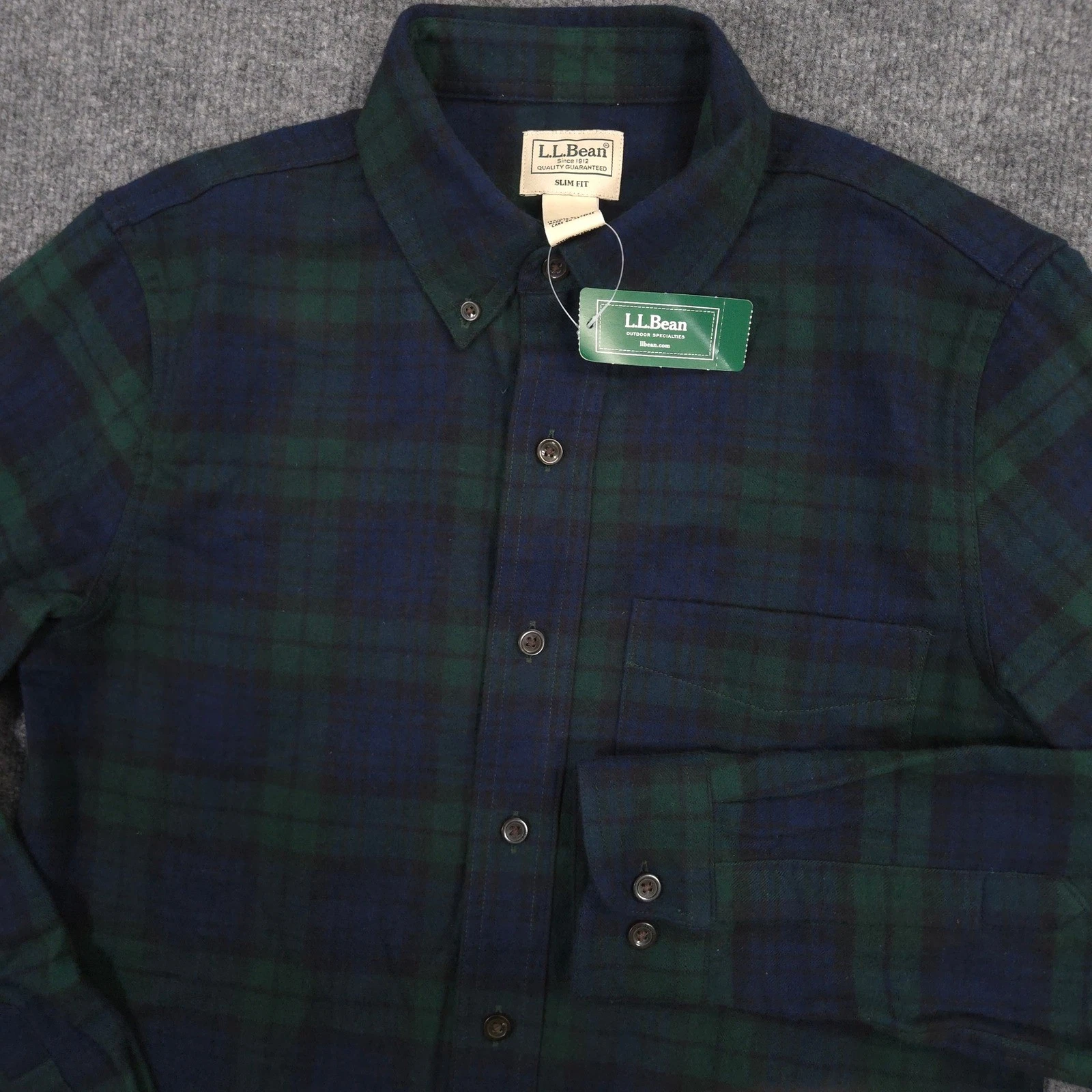 LL Bean Flannel Shirt Mens S Green Blue Black Watch Plaid Slim Fit Outdoor NEW