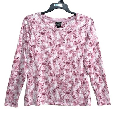 Laura Ashley Top Womens Size Large Ivory Pink Floral Long Sleeve Ribbed Knit