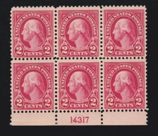 US 554 2c Washington Mint Bottom Plate #14317 Block of 6 VF-XF OG NH SCV $60