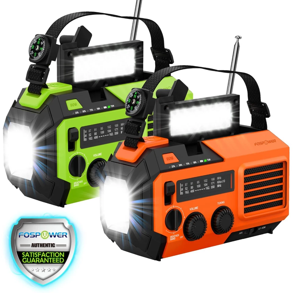 Hand Crank Emergency Solar IPX3 Weather Radio 5200mAh Power Bank Charger Light