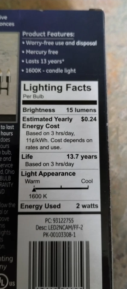 Light Bulbs Flicker Flame GE LED Low Energy Non Dim 15 Lumens soft white 2 Watt - Image 4 of 4