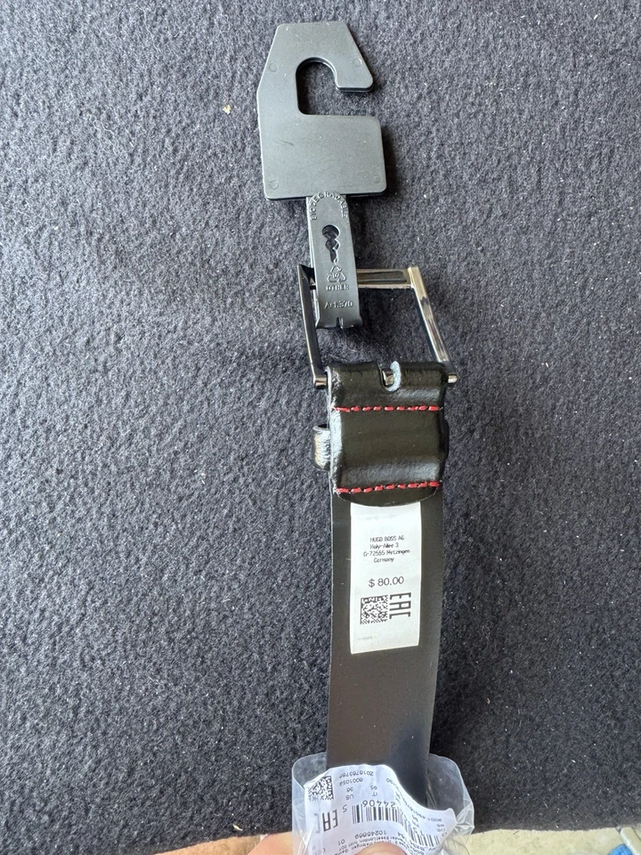 Hugo Dress Belt. Black With Gunmetal Buckle. Red Stitching. NEW IN PACKAGE - Image 2 of 3