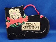 Smoky Mountain Pottery MEOWY CHRISTMAS Black White Cat Wall Hanging Plaque 1994