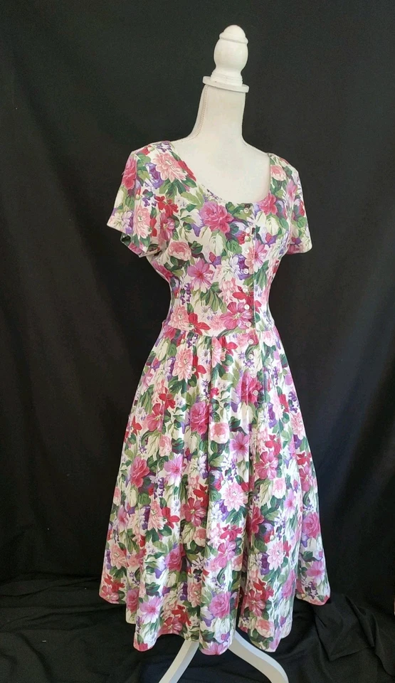 80s Vintage Dress EXPO Floral Cottagecore Country Pink Purple Circle Skirt 10 P - Image 4 of 4