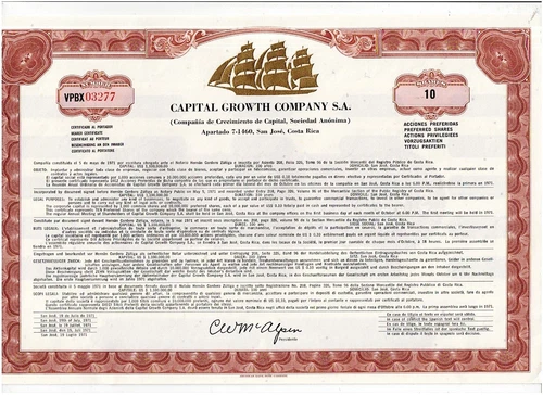 TAA #38 Capital Growth Company S.A., San Jose, Costa Rica 1971, 10 shares, gold-
