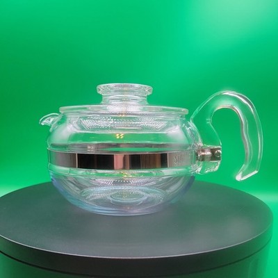 PYREX Flameware 8446B Stovetop Teapot & Lid 6 Cup Clear Glass Kettle Vtg USA